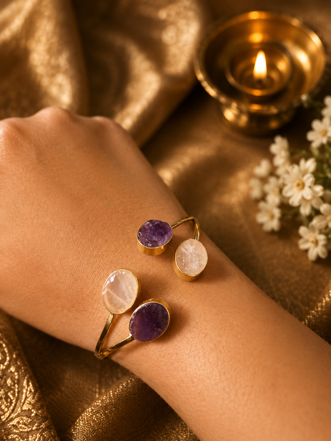 Mohnī — Rose Quartz & Amethyst Dual Stone Cuff Bracelet | 18K Gold Plated | House of AAKAASHI House of AAKAASHI