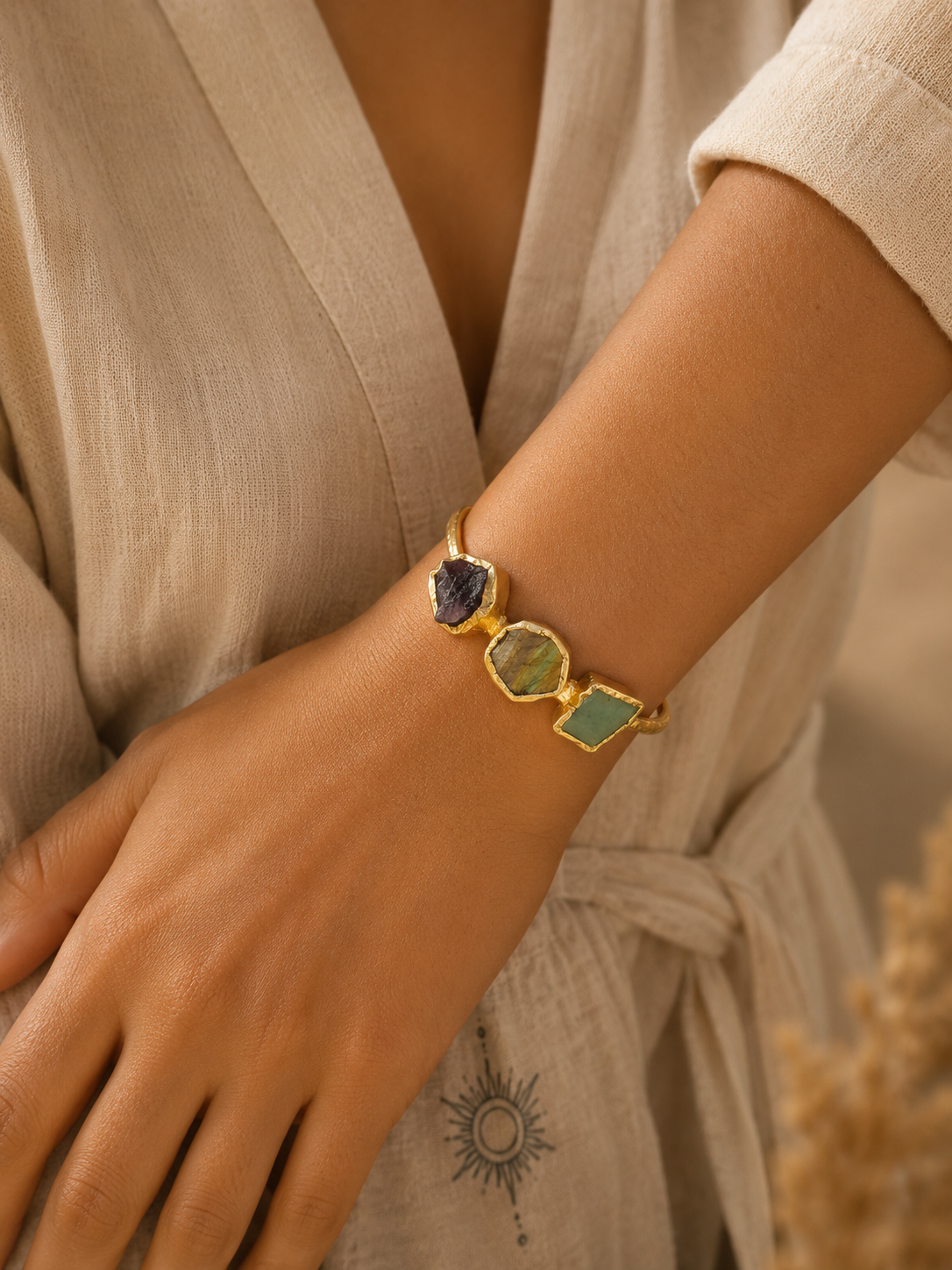 Trinity Aura Crystal Bracelet | Amethyst, Labradorite & Fluorite Adjustable Gold Plated Bracelet for Women