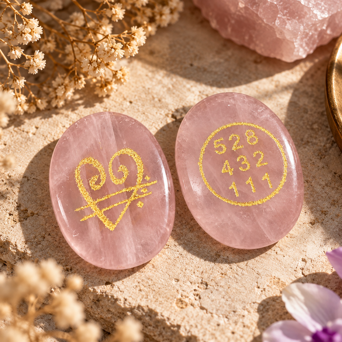 Hridaya Rose Quartz Zibu coin featuring a gold-tone symbolic engraving on one side and the number sequences 528, 432, and 111 on the other by House of AAKAASHI.