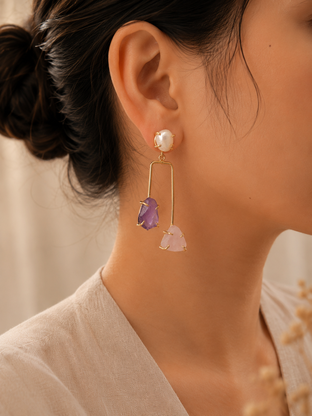 Blush Harmony Pearl, Rose Quartz & Amethyst Earrings | 18K Gold Plated Statement Earrings for Women