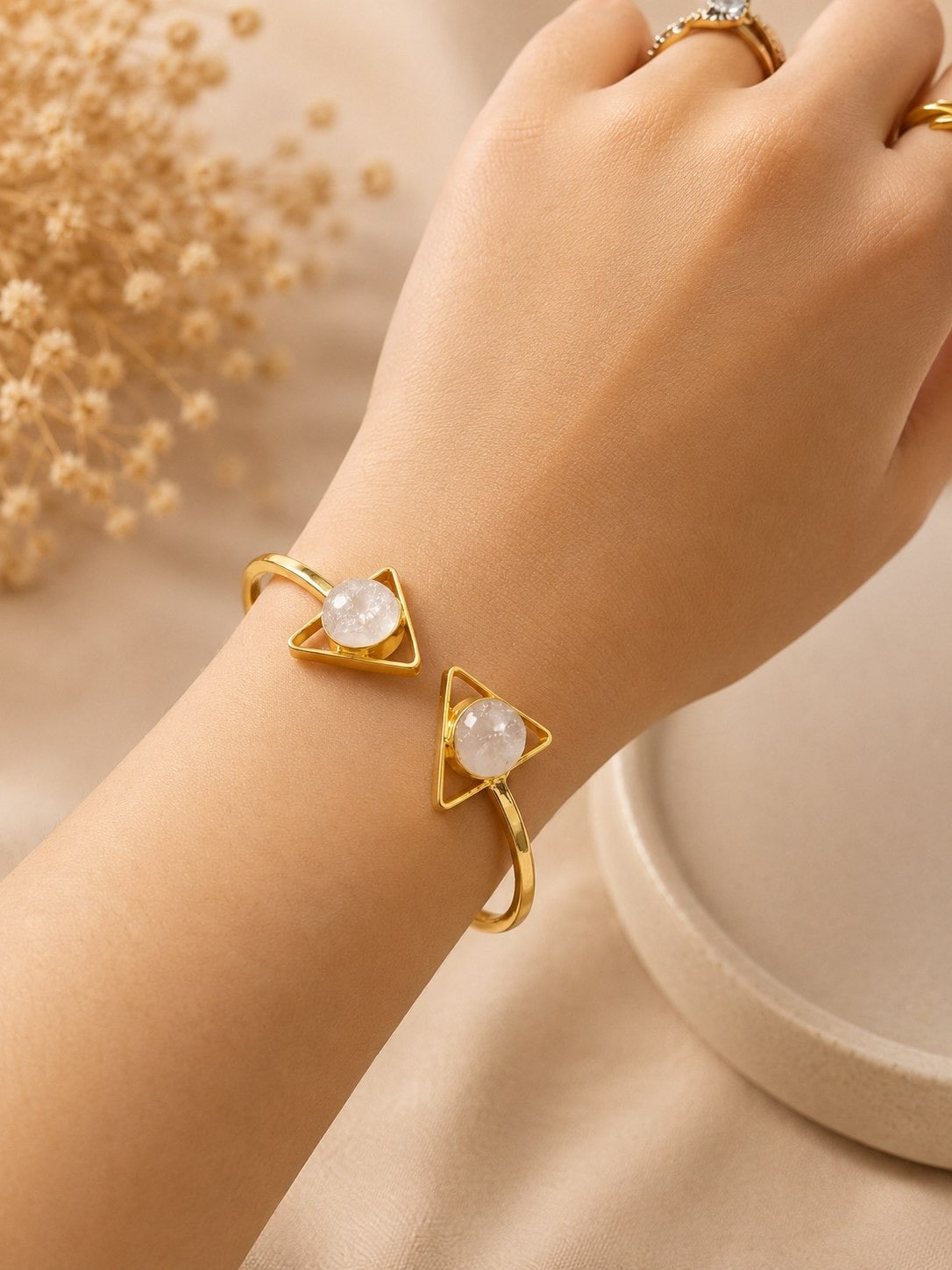 Celestial Milky Quartz Geometric Cuff Bracelet | Adjustable 18K Gold Plated Bracelet for Women