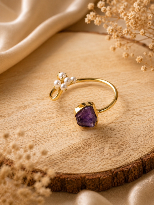 Celestial Bloom Pearl & Amethyst Open Cuff Bracelet | 18K Gold Plated Adjustable Bracelet for Women - House of AAKAASHI