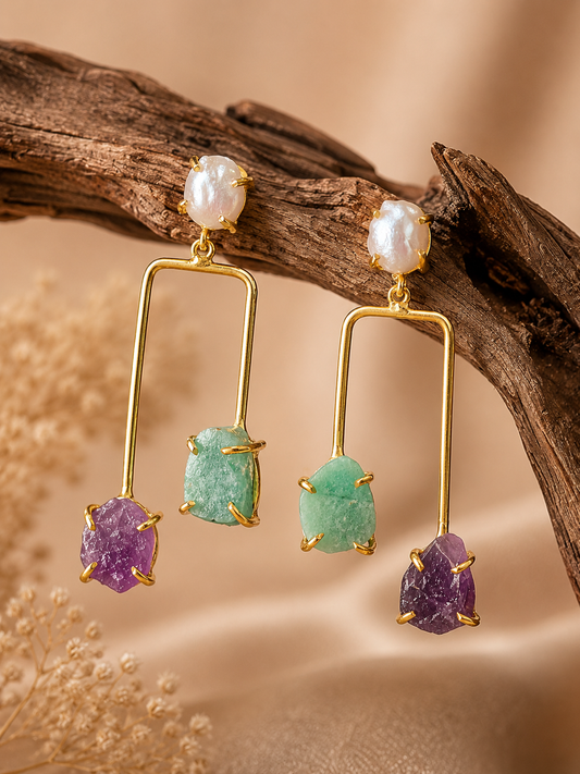 Celestial Harmony earrings featuring freshwater pearls with Amazonite and Amethyst freeform crystal drops in 18K gold plated brass by House of AAKAASHI