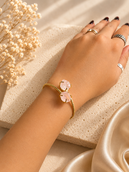 Blush Rose Quartz Raw Stone Cuff Bracelet | 18K Gold Plated Adjustable Bracelet for Women House of AAKAASHI