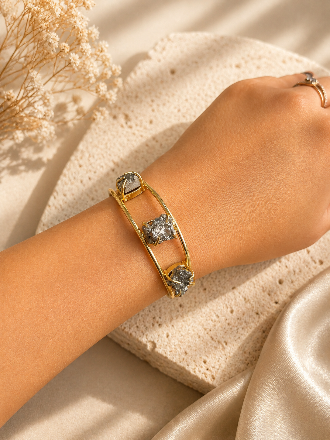Gilded Pyrite Raw Stone Cuff Bracelet | 18K Gold Plated Adjustable Bracelet for Women