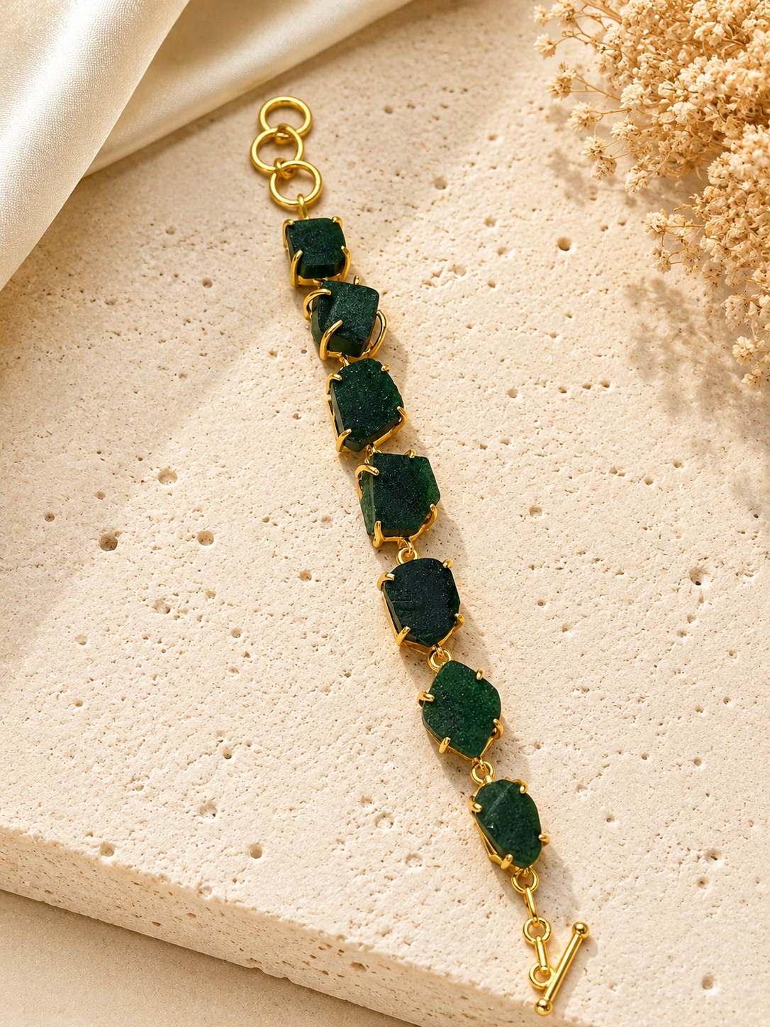 Verdant Green Aventurine Raw Stone Bracelet | 18K Gold Plated Adjustable Crystal Link Bracelet for Women