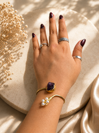 Celestial Bloom Pearl & Amethyst Open Cuff Bracelet | 18K Gold Plated Adjustable Bracelet for Women - House of AAKAASHI