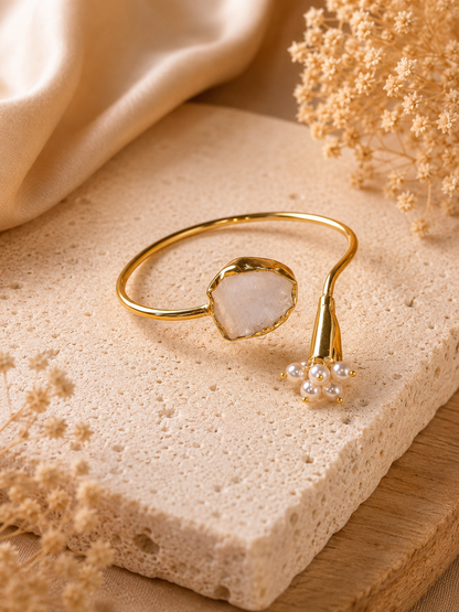 Moonlit Bloom Pearl & Rainbow Moonstone Open Cuff Bracelet | 18K Gold Plated Adjustable Bracelet for Women - House of AAKAASHI
