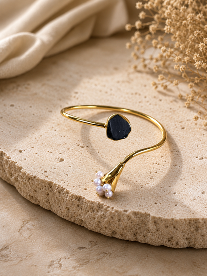 Midnight Bloom Pearl & Black Tourmaline Open Cuff Bracelet | 18K Gold Plated Adjustable Bracelet for Women - House of AAKAASHI