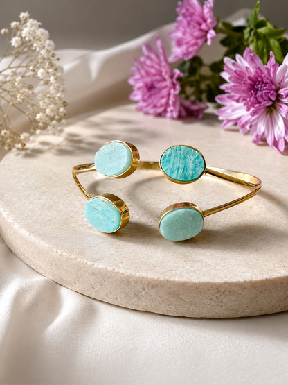 Sukoon Amazonite Four Stone Cuff Bracelet | 18K Gold Plated | House of AAKAASHI House of AAKAASHI