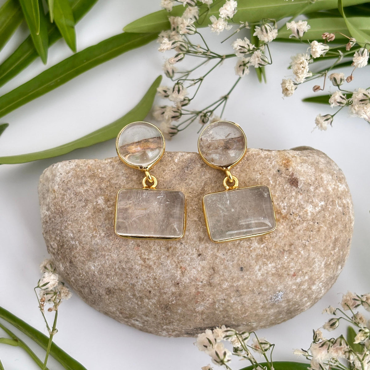 Aabha Clear Quartz geometric earrings featuring round and rectangular natural Clear Quartz crystals in 18K gold plated brass by House of AAKAASHI