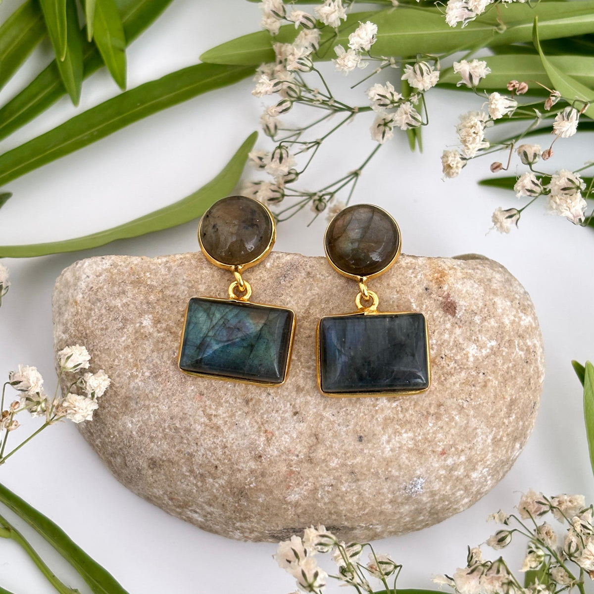 Labradorite Nila geometric earrings featuring round and rectangular natural Labradorite gemstones in 18K gold plated brass by House of AAKAASHI