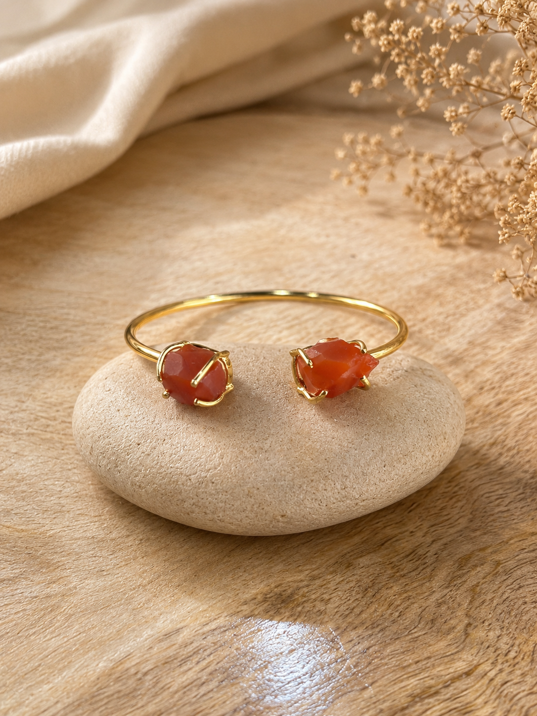 Ember Carnelian Raw Stone Cuff Bracelet | 18K Gold Plated Adjustable Bracelet for Women