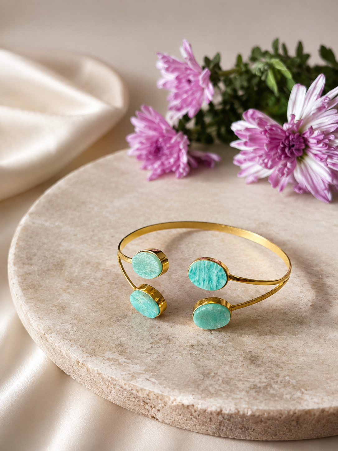 Sukoon Amazonite Four Stone Cuff Bracelet | 18K Gold Plated | House of AAKAASHI House of AAKAASHI