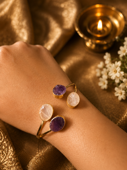 Mohnī — Rose Quartz & Amethyst Dual Stone Cuff Bracelet | 18K Gold Plated | House of AAKAASHI House of AAKAASHI