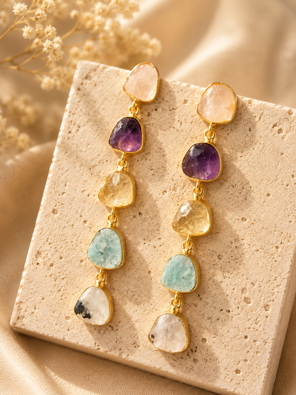 Aurora Cascade handcrafted earrings featuring Rose Quartz, Amethyst, Citrine, Amazonite, and Rainbow Moonstone in an 18K gold plated brass drop design by House of AAKAASHI