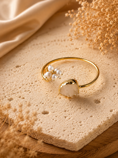 Moonlit Bloom Pearl & Rainbow Moonstone Open Cuff Bracelet | 18K Gold Plated Adjustable Bracelet for Women - House of AAKAASHI
