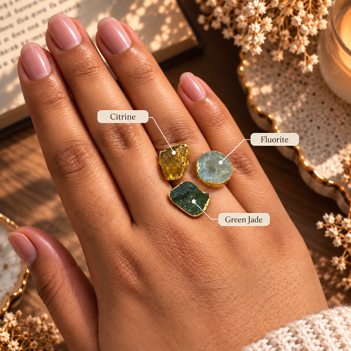 Triveni raw crystal trio ring featuring Citrine, pale blue-green Fluorite, and deep green Jade gemstones in gold-tone settings by House of AAKAASHI.