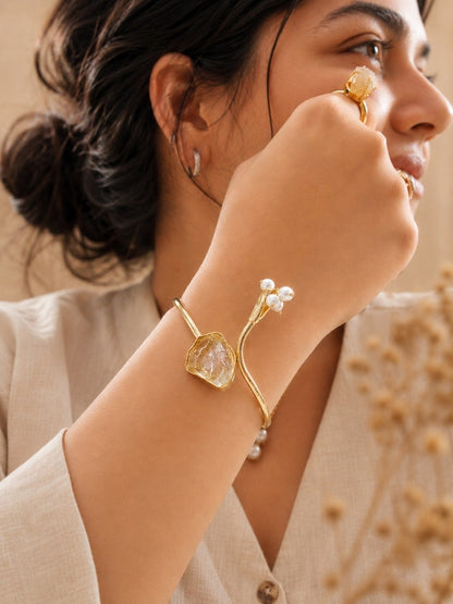 Golden Dawn Citrine & Pearl Bracelet | Adjustable 18K Gold Plated Crystal Bracelet for Women - House of AAKAASHI