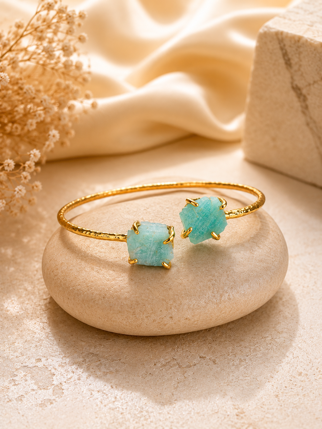 Ocean Mist Amazonite Raw Stone Cuff Bracelet | 18K Gold Plated Adjustable Bracelet for Women
