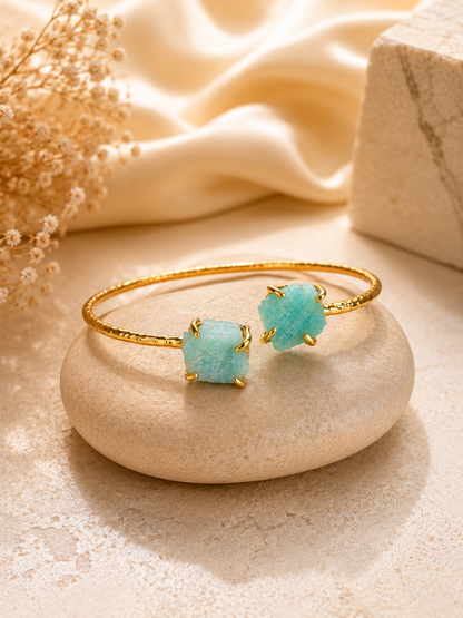 Ocean Mist Amazonite Raw Stone Cuff Bracelet | 18K Gold Plated Adjustable Bracelet for Women House of AAKAASHI