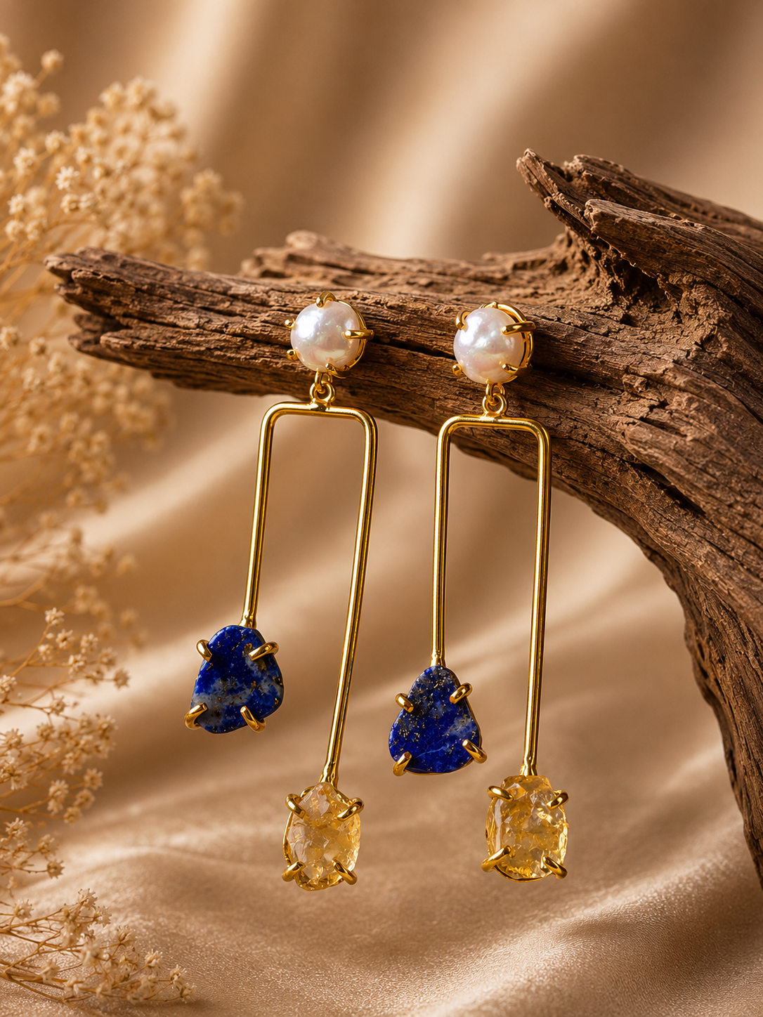 Golden Horizon Pearl, Citrine & Lapis Lazuli Earrings | 18K Gold Plated Statement Earrings for Women