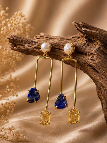 Golden Horizon Pearl, Citrine & Lapis Lazuli Earrings | 18K Gold Plated Statement Earrings for Women - House of AAKAASHI