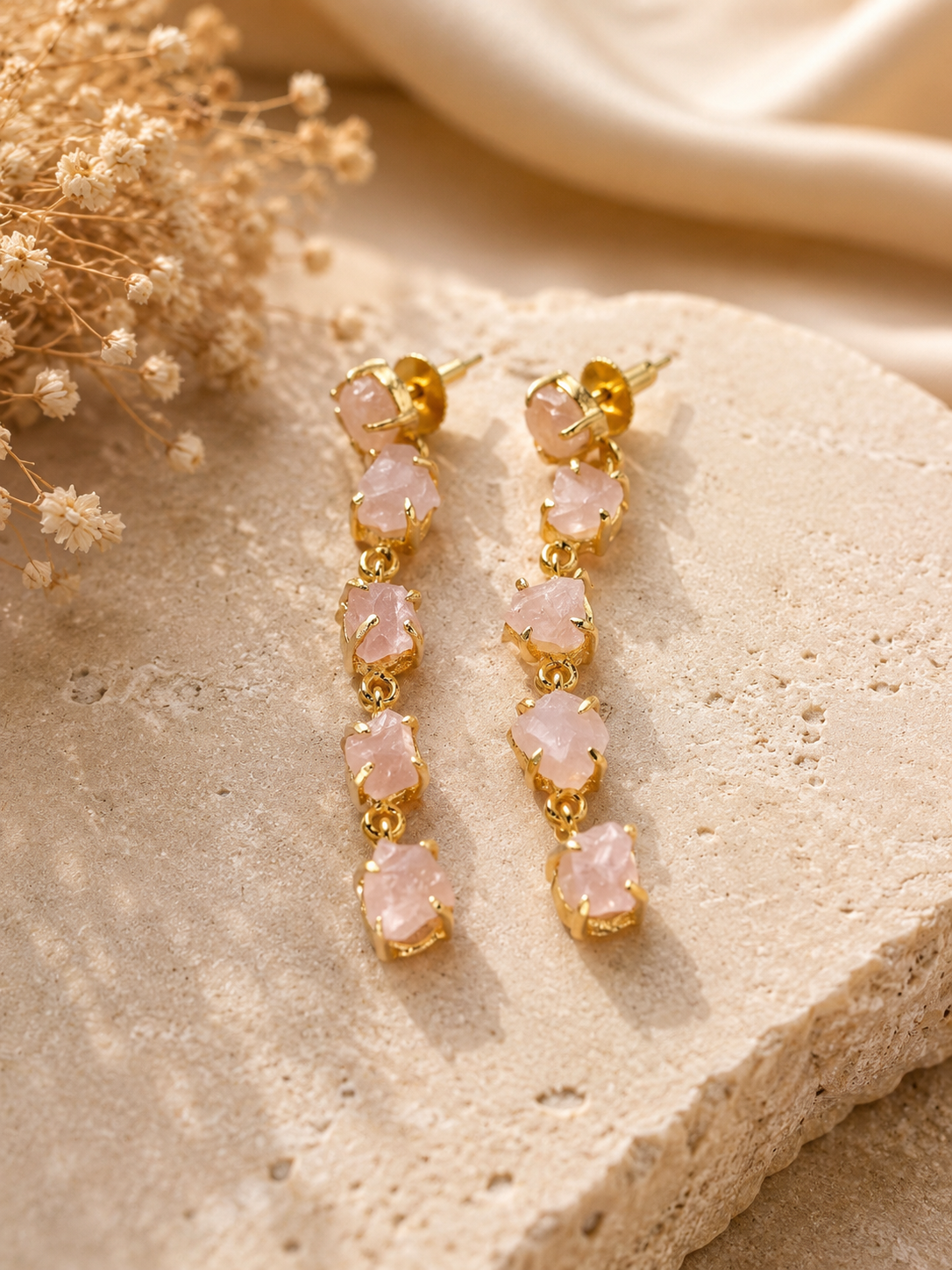 Blush Cascade Raw Rose Quartz Earrings | 18K Gold Plated Statement Earrings for Women