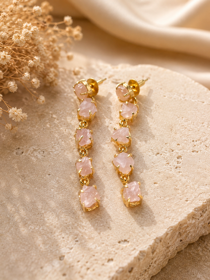 Blush Cascade Raw Rose Quartz Earrings | 18K Gold Plated Statement Earrings for Women - House of AAKAASHI