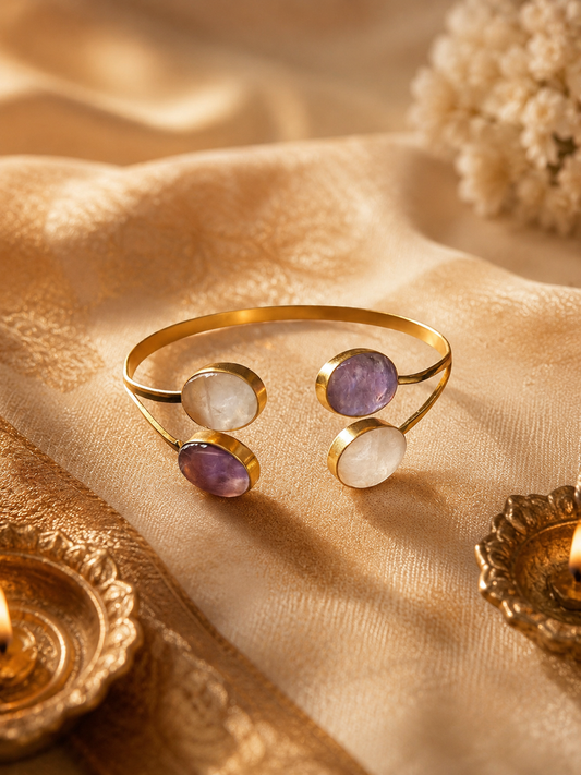 Mohnī — Rose Quartz & Amethyst Dual Stone Cuff Bracelet | 18K Gold Plated | House of AAKAASHI House of AAKAASHI