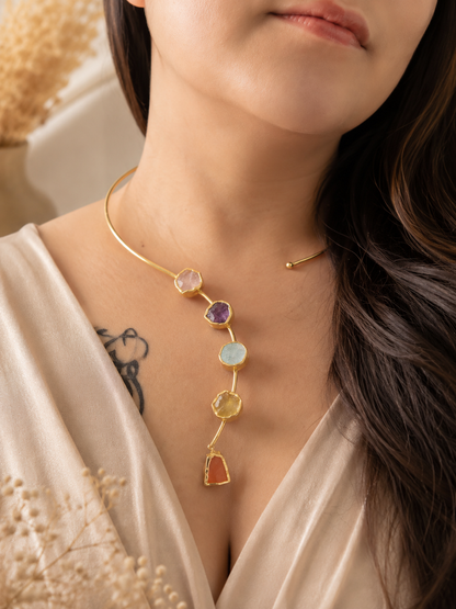 Aurora Cascade Hasli Necklace & Carnelian Stud Set | Multi Crystal 18K Gold Plated Necklace for Women - House of AAKAASHI