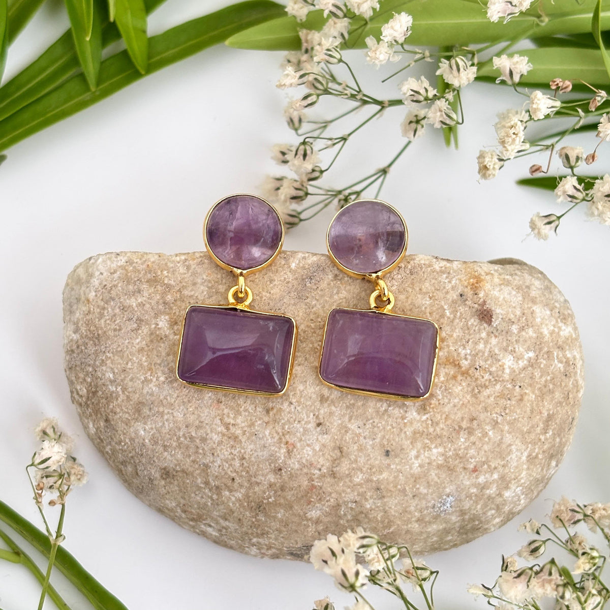 Amethyst Veil geometric earrings featuring round and rectangular natural Amethyst gemstones in 18K gold plated brass by House of AAKAASHI