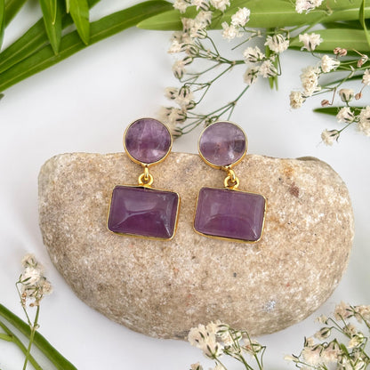 Amethyst Veil geometric earrings featuring round and rectangular natural Amethyst gemstones in 18K gold plated brass by House of AAKAASHI