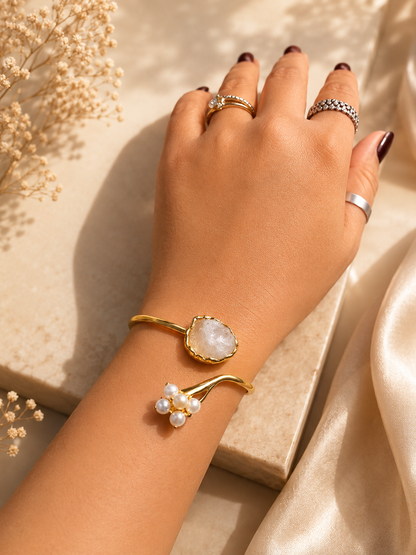 Moonlit Bloom Pearl & Rainbow Moonstone Open Cuff Bracelet | 18K Gold Plated Adjustable Bracelet for Women - House of AAKAASHI