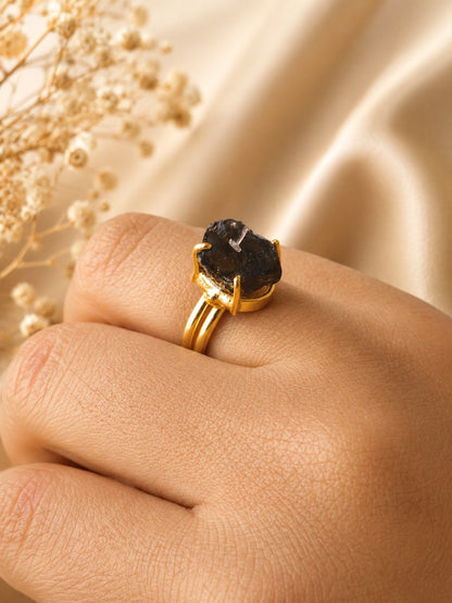 Midnight Black Tourmaline Freeform Ring | Adjustable 18K Gold Plated Crystal Ring for Women - House of AAKAASHI