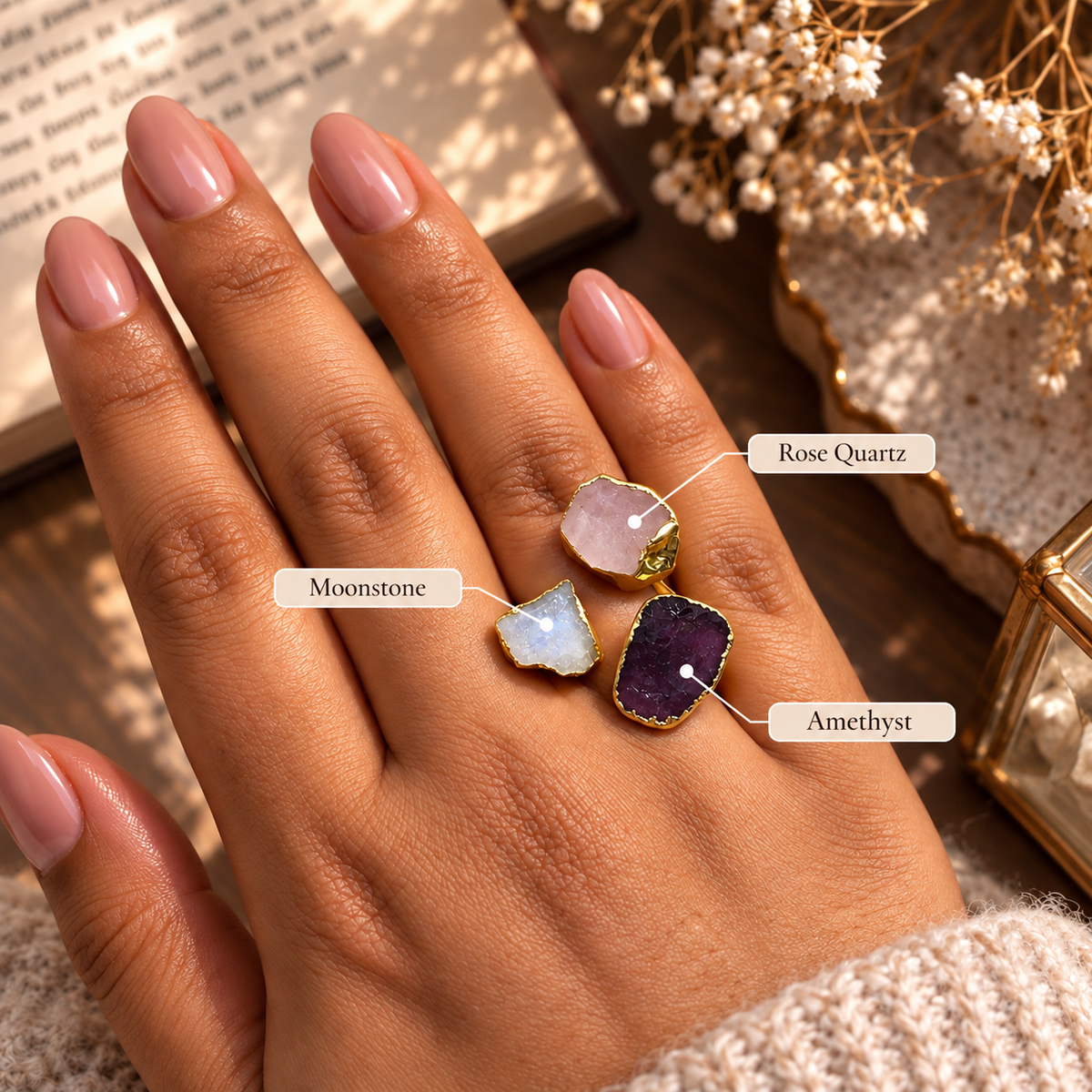 Ishani raw crystal trio statement ring featuring Rose Quartz, milky Moonstone, and deep purple Amethyst in gold-tone settings by House of AAKAASHI.