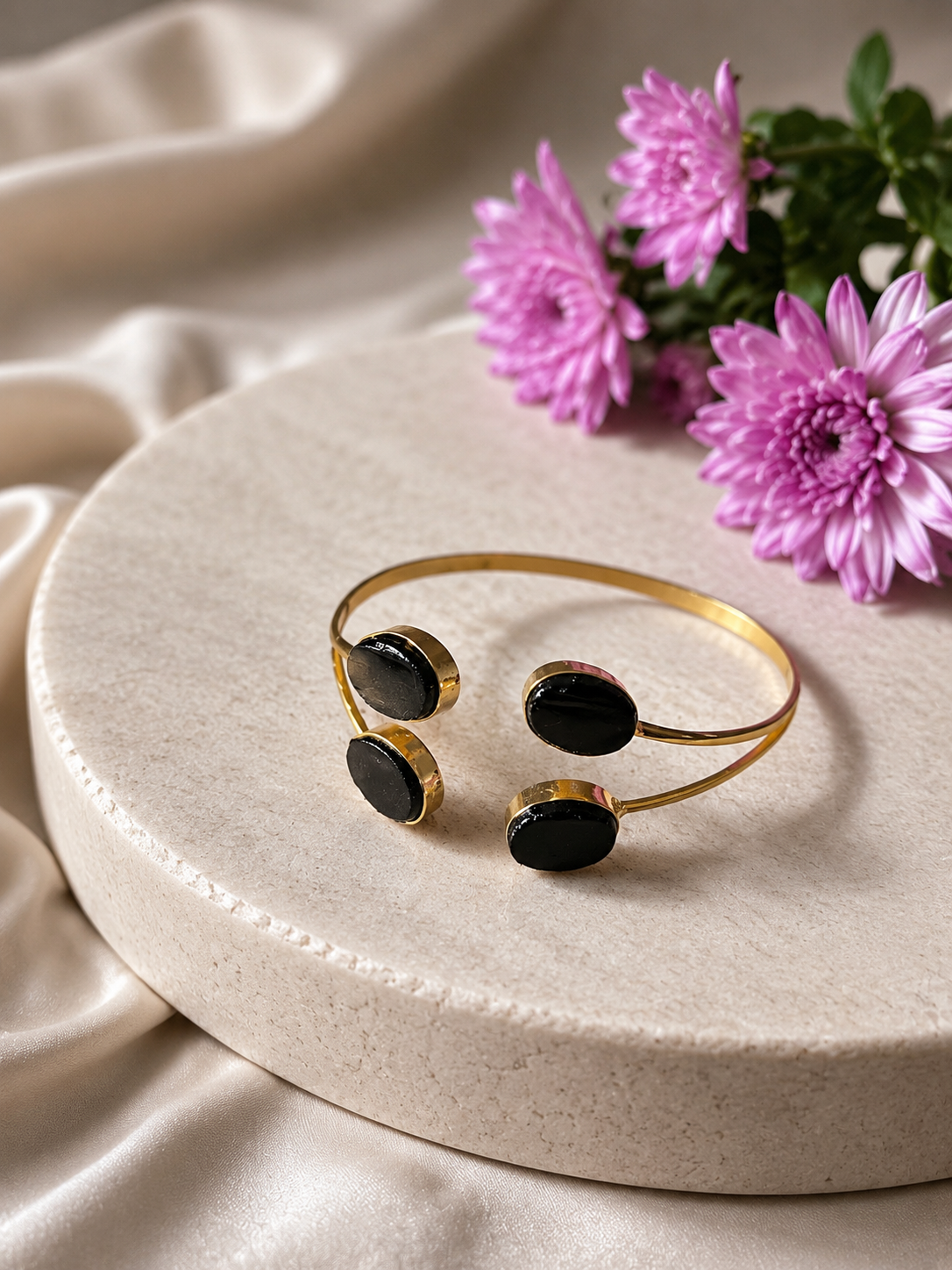 Kavach Black Tourmaline Four Stone Cuff Bracelet | 18K Gold Plated | House of AAKAASHI House of AAKAASHI