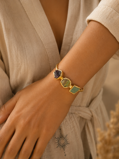 Trinity Aura Crystal Bracelet | Amethyst, Labradorite & Fluorite Adjustable Gold Plated Bracelet for Women - House of AAKAASHI
