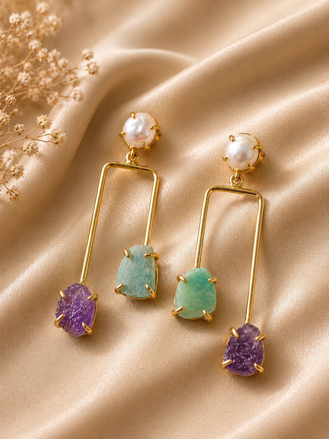 Celestial Harmony Pearl, Amazonite & Amethyst Earrings | 18K Gold Plated Statement Earrings for Women