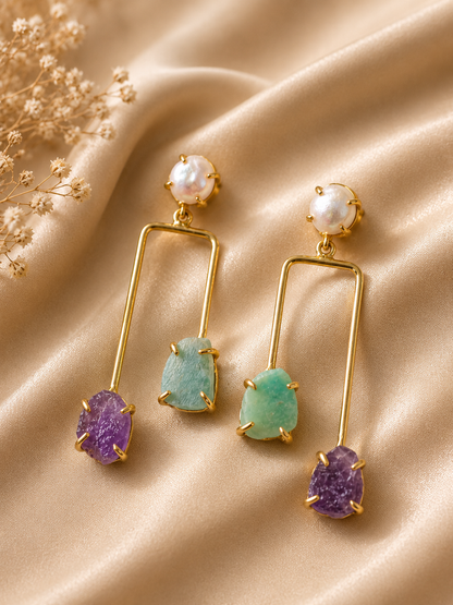 Celestial Harmony Pearl, Amazonite & Amethyst Earrings | 18K Gold Plated Statement Earrings for Women - House of AAKAASHI