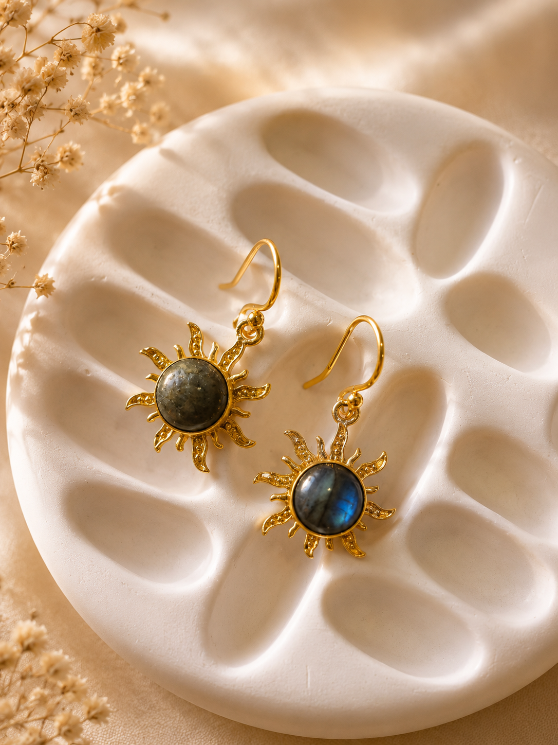 Aurora Sun Labradorite earrings featuring polished round Labradorite gemstones in a celestial 18K gold plated brass sunburst setting by House of AAKAASHI