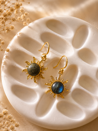 Aurora Sun Labradorite earrings featuring polished round Labradorite gemstones in a celestial 18K gold plated brass sunburst setting by House of AAKAASHI