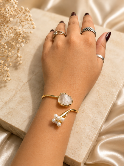 Moonlit Bloom Pearl & Rainbow Moonstone Open Cuff Bracelet | 18K Gold Plated Adjustable Bracelet for Women - House of AAKAASHI