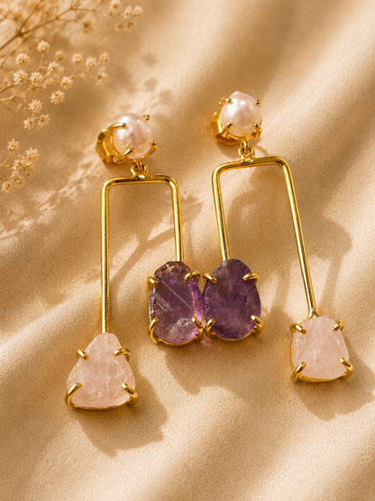 Blush Harmony Pearl, Rose Quartz & Amethyst Earrings | 18K Gold Plated Statement Earrings for Women - House of AAKAASHI