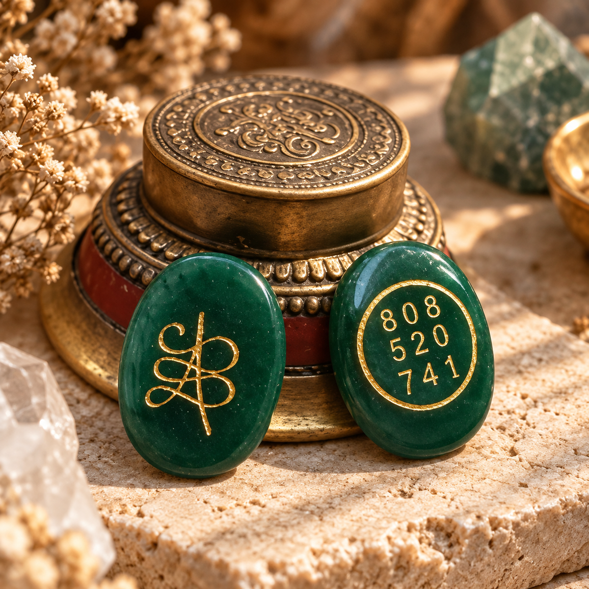 Samriddhi Green Jade Zibu coin featuring a gold-tone symbolic engraving on one side and the number sequences 808, 520, and 741 on the other by House of AAKAASHI.