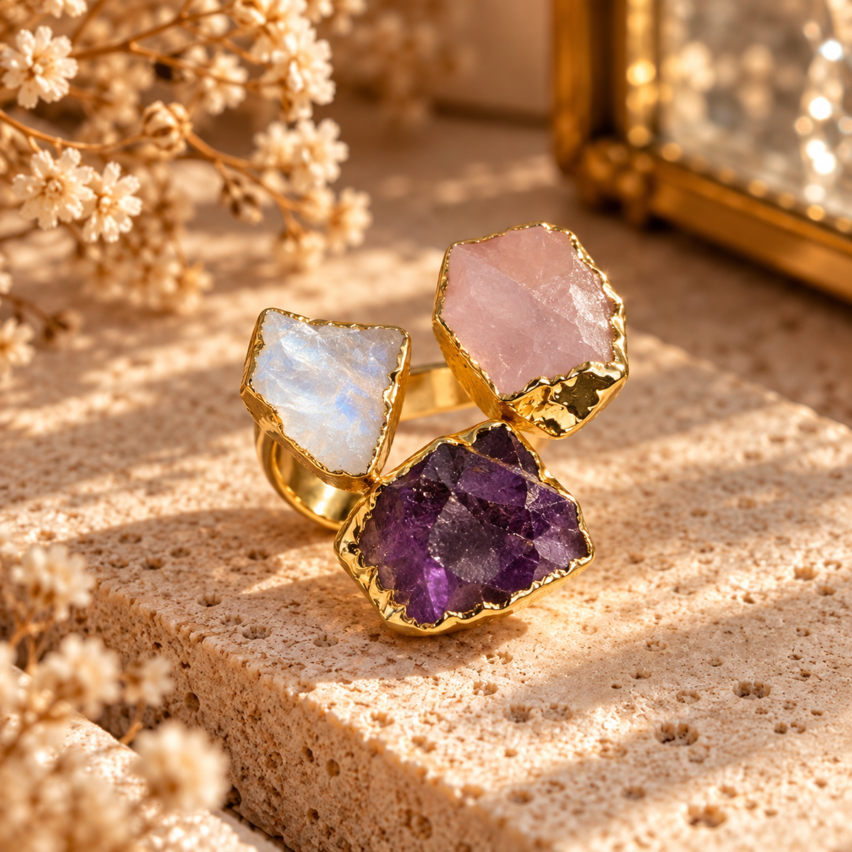 Ishani Raw Crystal Trio Statement Ring House of AAKAASHI