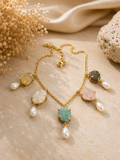 Aurora Pearl Multi Crystal Necklace | Amazonite, Moonstone, Rose Quartz, Citrine & Labradorite Necklace for Women House of AAKAASHI