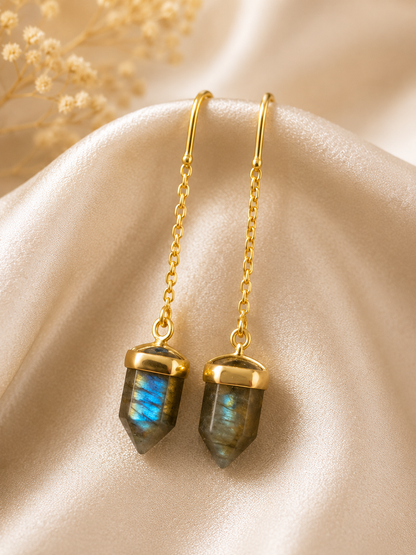 Aurora Labradorite Sui Dhaga earrings featuring natural faceted Labradorite crystal point pendants in an 18K gold plated brass threader design by House of AAKAASHI