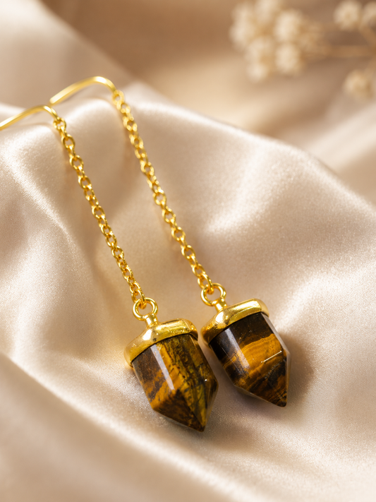 Golden Tiger Eye Sui Dhaga Earrings | 18K Gold Plated Threader Earrings for Women - House of AAKAASHI