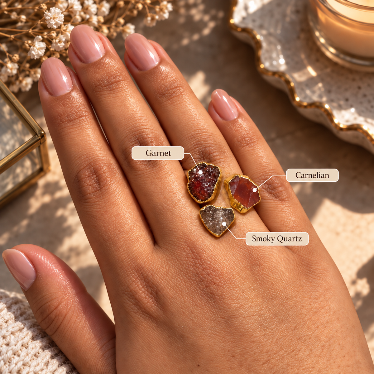 Rudra raw crystal trio statement ring featuring deep red Garnet, orange-red Carnelian, and smoky-brown Quartz in gold-tone settings by House of AAKAASHI.